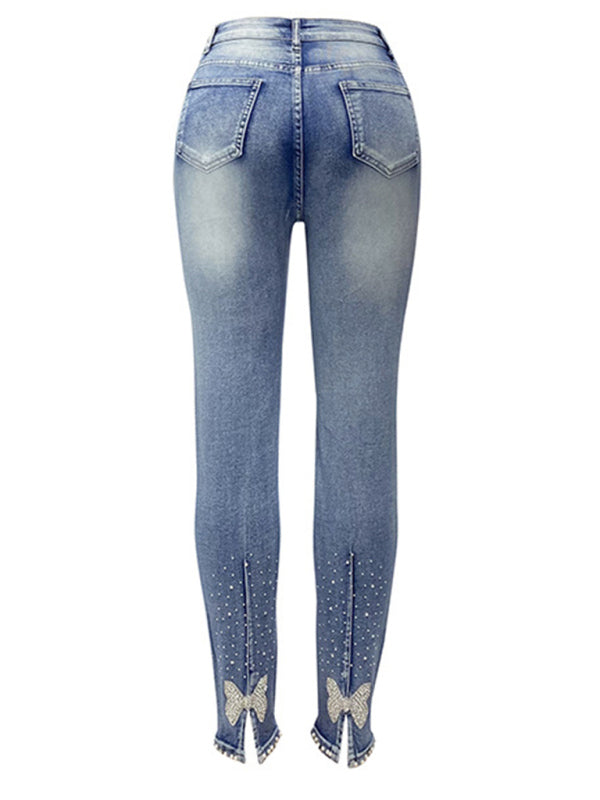 Calça lápis jeans feminina lavada com brilhantes