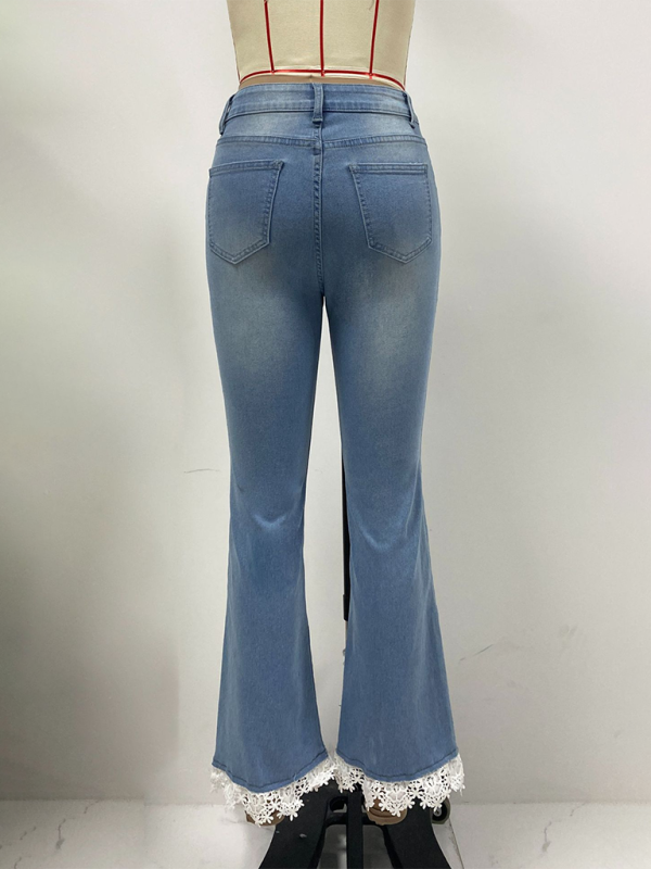 Calça de ganga de cintura alta slim fit para mulheres com renda na bainha